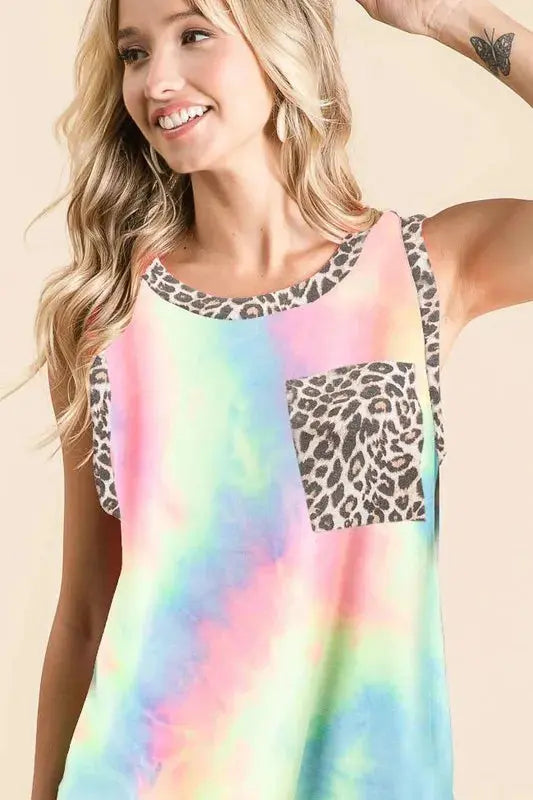 BiBi Sleeveless Tie Dye Top With Leopard Band - Love Salve